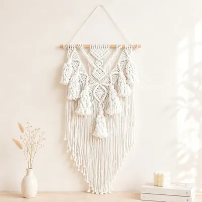 Image de Tapis mural en macramé en coton, fait à la main, de grande taille, couleur beige, idéal pour un salon
