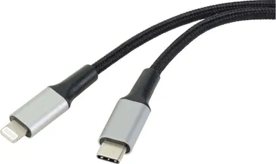 Produktbild von Renkforce USB-Kabel USB 2.0 USB-C® Stecker, Apple Lightning Stecker 2.00 m Schwarz Kabelmantel aus Recycling-Material,