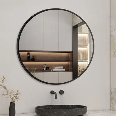 Produktbild von Spiegel Rund 50 cm Schwarz mit Aluminiumrahmen Wandspiegel klein HD Glas für Badezimmer, Flur, Wohnzimmer, Gäste WC, Ankleidezimmer Schminkspiegel
