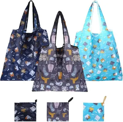 Produktbild von PolkaHome® 3er Set Boodschappentas met Kattenmotief, Opvouwbaar, 46 x 66 cm, Herbruikbare Tas met Handvat