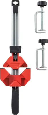 A product shot of a corner clamp and two C-clamps against a white background.