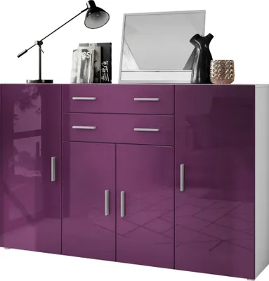 Produktbild von Vladon Highboard Aron Anrichte mit 2 Schubladen und 4 Türen mit insgesamt 8 Fächer dahinter, Weiß matt/Brombeer Hochglanz (166,5 x 106,5 x 35 cm)