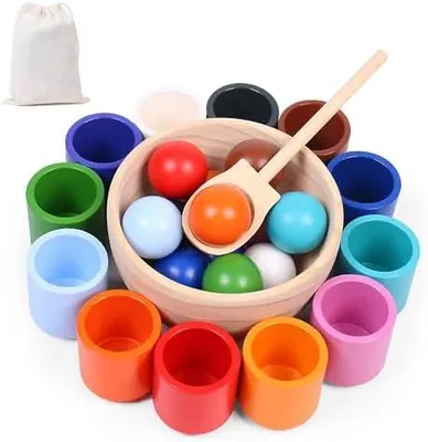 Produktbild von Regenbogen Bälle in Tassen, Montessori Holz Sortier Stapelspielzeug mit 12 Bällen zum Farbsortieren und Zählen, Lernspielzeug für Kleinkinder ab 2 3 4 5 Jahre, Vorschule Spielzeug & Geschenk