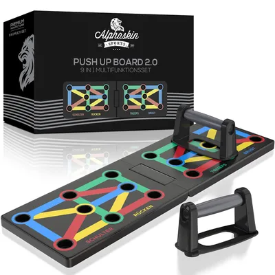 Produktbild von ALPHASKIN Premium Liegestützbrett Set I Verbessertes Konzept 2023 I Liegestützgriffe Homeworkout I 9 in 1 Push Up Bar I Homegym I Fitnessgeräte für Zuhause