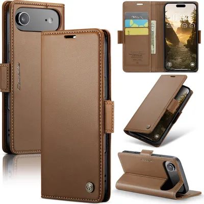 Image de Étui pour iPhone Air, blocage RFID des cartes, étui en cuir à rabat avancé avec fonction support, marron