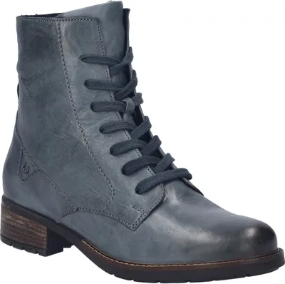 A single blue leather boot is shown against a white background.