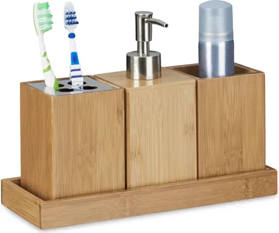 Produktbild von Relaxdays Bad-Accessoires-Set 4-teilig, Bambus, Zahnbürstenhalter, Seifenspender, Seifenablage, Behälter,natur