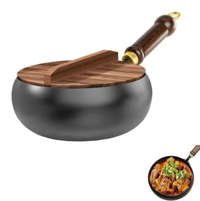 Produktbild von Eisenwok - Bratpfanne 28 cm - Unbeschichtet Handgeschmiedet - Mit Buchenholzdeckel - Für Induktion und Gasherd - Schwarz