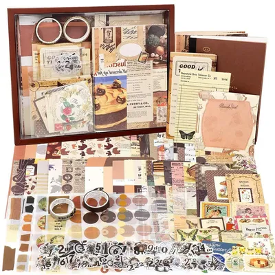 Produktbild von Scrapbook Zubehör Set 155 Teile mit A6 Notizbuch, Sticker, Washi Tape, Geschenkset Schokolade