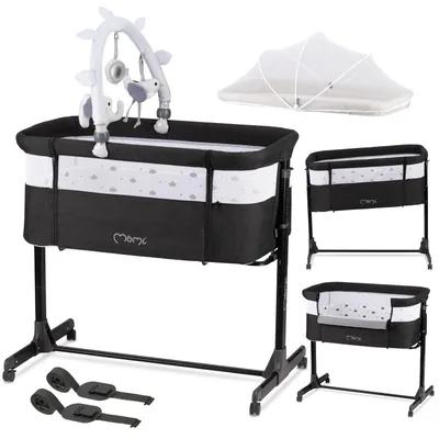 Produktbild von MoMi REVO – 2-in-1 Beistellbett & Babybett, höhenverstellbar mit Neigungsverstellung, inkl. Matratze, Spielzeug & Moskitonetz – Dunkelgrau