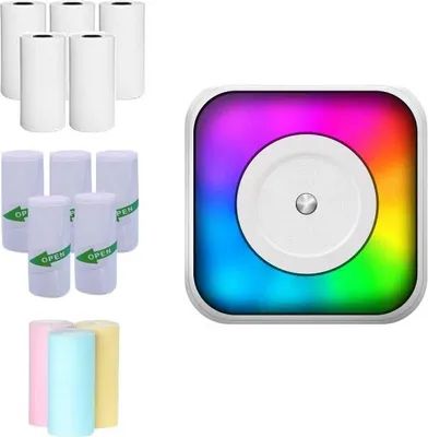 Image de M1 Mini-imprimante thermique portable , Impression de fausses questions | Impression sur papier thermique | Connexion BT, 5 rouleaux de papier thermique + 5 rouleaux de papier autocollant + 3 rouleaux de papier couleur