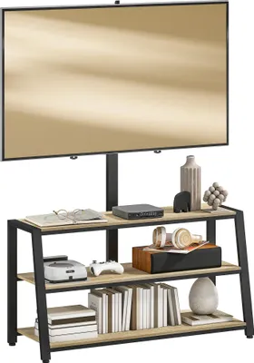 Image de HOMCOM Meuble TV avec support orientable 35°, meuble télé pour téléviseurs de 32-70 pouces, étagères ouvertes, banc TV industriel pour salon chambre à coucher, 108x41x135cm, effet bois naturel