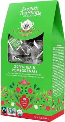 Obrázok produktu pre ETS - Zelený čaj granátové jablko, bio, Fairtrade, 15 pyramídových vrecúšok v papierovej škatuli