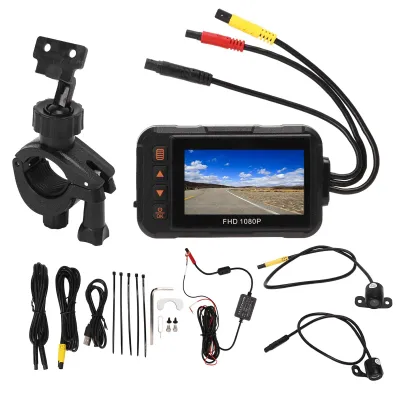 Zdjęcie produktu dla Kamera motocyklowa 3-w-1 1080p z przednim i tylnym obiektywem, rejestrator jazdy, nagrywanie w pętli, czujnik G, monitorowanie parkingu, wodoodporna kamera sportowa