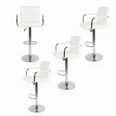 Produktbild von 4er Set Barhocker mit Lehne undHandlauf aus Kunstleder 360° drehbar höhenverstellbar Gepolsterter Barstuhl Bistrohocker Weiß