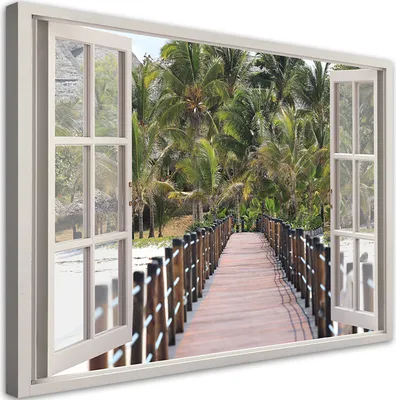 Produktbild von Leinwandbild Blick aus dem Fenster Tropische Natur Palmen 90x60 Feeby Grün bild für die wand bereit zum aufhängen