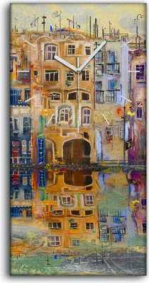 Produktbild von Wandkunst Leinwand Bild Uhr 30x60 Malerei Abstrakte Stadt Gebäude Wasser - weiße Hände