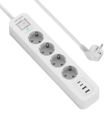 Obrázok produktu pre Predlžovací kábel s 4 zásuvkami a 4 USB nabíjacími portami, s ochranou proti prepätiu