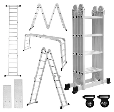 Produktbild von Mehrzweckleiter 7 in 1 Multifunktionsleiter mit 2 Gerüstplatten und 2 Bodentraversen, 16 Stufen, 4,7 m Gesamtlänge, bis 150 kg