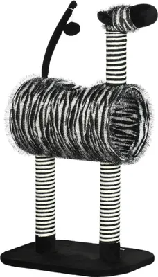 A cat scratching post designed to look like a zebra.
