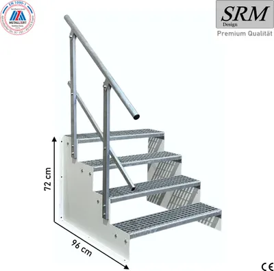 Zdjęcie produktu dla 4-stopniowe schody wolnostojące model 2 wolnostojące białe schody stalowe wysokość stopnia 18 cm szerokość 100 cm wysokość 72 cm z poręczą z jednej strony