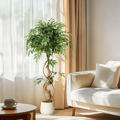 Image de Ficus artificiel - Arbre artificiel - Plante décorative - Arbre décoratif - Plante d'intérieur - Feuilles en soie réaliste