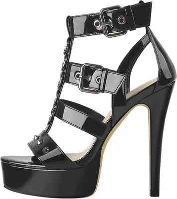 Productafbeelding van Dames riempjessandalen met stiletto-hak en plateauzool, zwart metallic, maat 45 EU