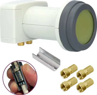 Produktbild von GSS Helios Twin LNB + 4X F-Stecker, mit LTE Abschirmung & Sun Protect UV Schutz, 2Fach 4K HD LNB für 2 Teilnehmer, für Fernseher Sat Receiver, für Satelliten Schüssel