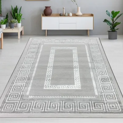 Produktbild von Designer Teppich Wohnzimmerteppich Mäander Muster grau schwarz Größe - 160 x 230 cm