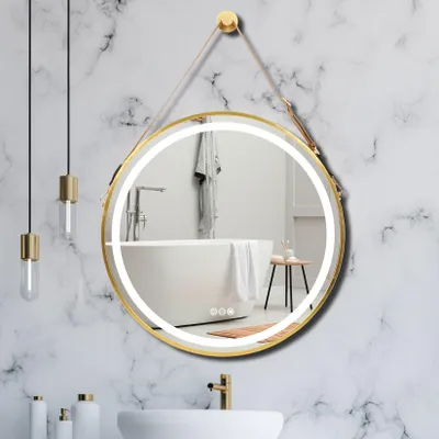 Immagine prodotto di Specchio da bagno rotondo Vrygle con illuminazione, 60 cm: specchio da bagno antiappannamento da appendere, specchio da parete decorativo dorato, 3 tonalità di luce regolabili, IP67