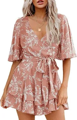Produktbild von Amazons heißester Damen-Jumpsuit mit Blumenmuster, V-Ausschnitt, Glockenärmeln, Taille, Bindeschicht, Plissee-Kleid, Overall, S, Rosa.