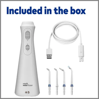 A Waterpik water flosser and its accessories are displayed against a white background, with text indicating "Included in the box".