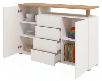 Produktbild von Dmora Kommode Levate 154x40x94h cm Weiß, 4 Schubladen, 4 Regale