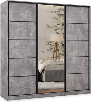 Produktbild von Masseno Schiebetürenschrank PINA 180/205/58 cm Kleiderschrank mit 4 Schubladen Schlafzimmer Schrank 3-türig mit Spiegel Titanfarben