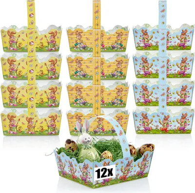 Produktbild von com-four® 12x Osterkorb mit Motiv - Pappkörbchen zum befüllen - Osternest für Geschenke und Ostereier - Geschenktasche aus Pappe mit Tragegriff