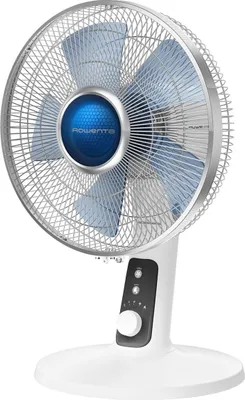 A white Rowenta table fan with blue blades and a silver grille, shown on a white background.