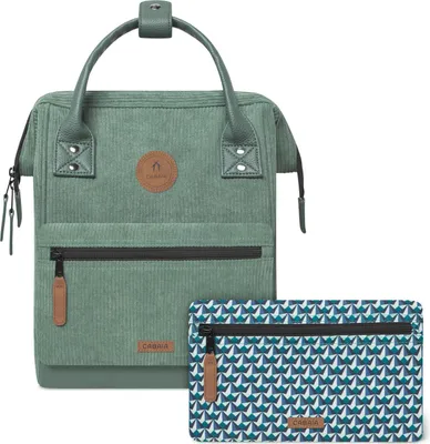 A green backpack and a patterned pouch are displayed against a white background.