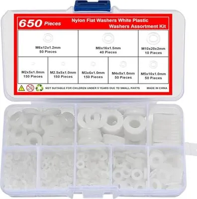 Produktbild von 650 Stück Abstandshalter Kunststoff, M2/M2,5/M3/M4/M5/M6/M8/M10 Weiß Distanzscheiben Kunststoff Unterlegscheiben Flache Nylon Unterlegscheiben für Schrauben Isolierung