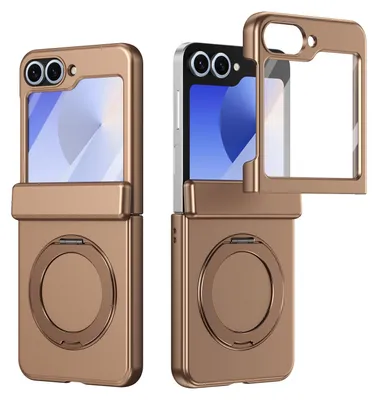 Produktbild von Magnetische Hülle für Samsung Galaxy Z Flip 6, mit Displayschutzfolie, Scharnierschutz mit Ringhalter und Ständer Gold