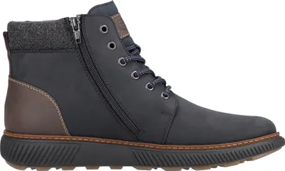 A side view of a blue leather boot with laces and a zipper.