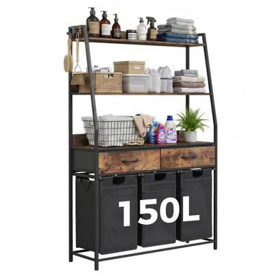 Produktbild von Mondeer Wäschesammler 150L mit 3 Fächern, Verstellbaren Böden, Schubladen & Haken Stabiler Stahlrahmen, Kippsicherung, 106 x 33 x 160 cm Schwarz
