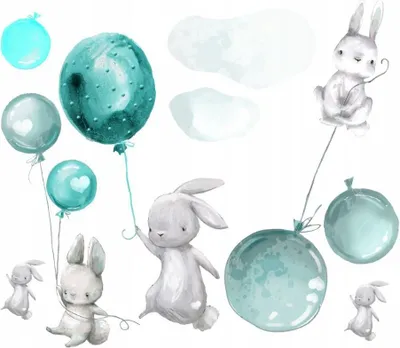 Zdjęcie produktu dla Tatuaż ścienny królik, niebieskie balony, z przyjaznymi dla środowiska, bezwonnymi farbami drukarskimi - naklejka ścienna, naklejka ścienna dla dzieci 100 x 170 cm
