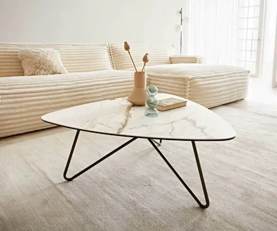 Produktbild von DELIFE Couchtisch Ekrem 88x85 cm Keramik Calacatta Luxe Weiß-Gold-Grau Hairpin rund Metall Effektfinish Titan