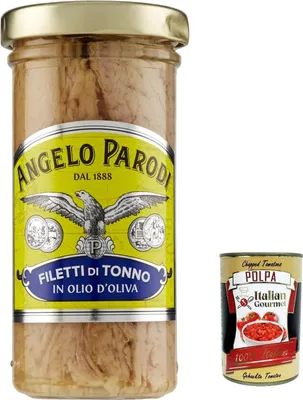 Produktbild von 3x Angelo Parodi Filetti di Tonno in Olio d'Oliva in vetro, Thunfischfilets in Olivenöl in Glas 150 g + Italian Gourmet polpa 400g
