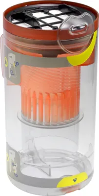 A close-up studio shot of a vacuum cleaner dustbin.