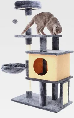 Produktbild von Kratzbaum in Dunkelgrau 112 cm hoch, Katzenkratzbaum mit Katzenhaus, Katzenbaum mit Liegemulde und Plattformen, Katzenmöbel mit Kratzbrett