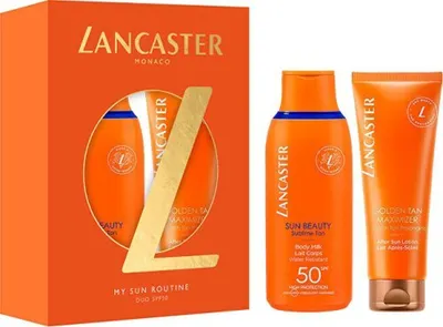 Produktbild von Lancaster My Sun Routine Duo SPF 50 Gift Set, Unisex, Jeder Hauttyp, 175 ml, 125 ml, Sun Beauty - Body Milk SPF50: AQUA/WATER/EAU, DIISOPROPYL ADIPATE, DICAPRYLYL CARBONATE, GLYCERIN,..., 2 Stück(e)
