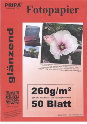 Produktbild von pripa DIN A4 260g/m² 50 Blatt Fotopapier high -glossy glaenzend -sofort trocken -wasserfest-hochweiß-sehr hohe Farbbrillanz
