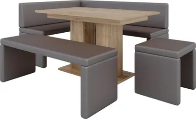 A corner bench dining set with a table and two stools.