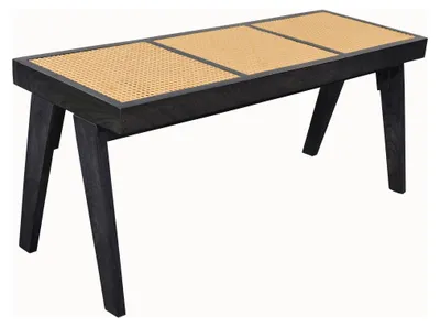 Sitzbank Akazie Massivholz 120 cm Schwarz mit Wiener Geflecht in Gesamtansicht mit schwarzem Holzgestell und hellem Flechtmuster.
